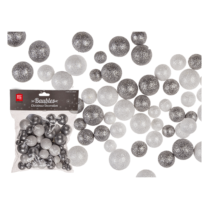 FoamBalls with glitter, 3 sizes & 2 colours ass., plastic, ca. 2,5/2/1