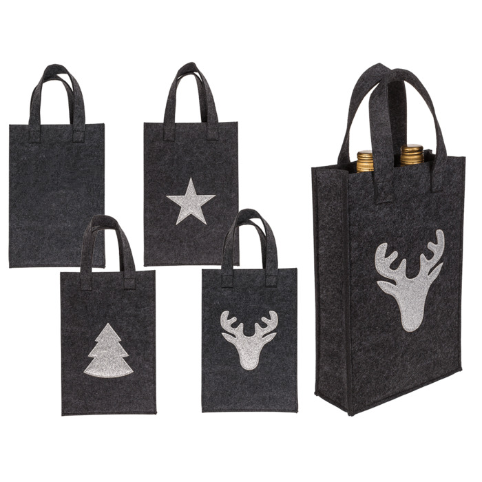 Grey gift bag, Xmas Greetings, felt material, ca; 20 x 8 x 30 cm, 3 assorted BEST FOR Life