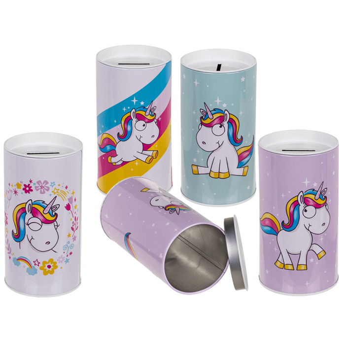 Tin Metal Money Bank, Comic Unicorn, 15,5 X 8 Cm, Removable Lid, 4 